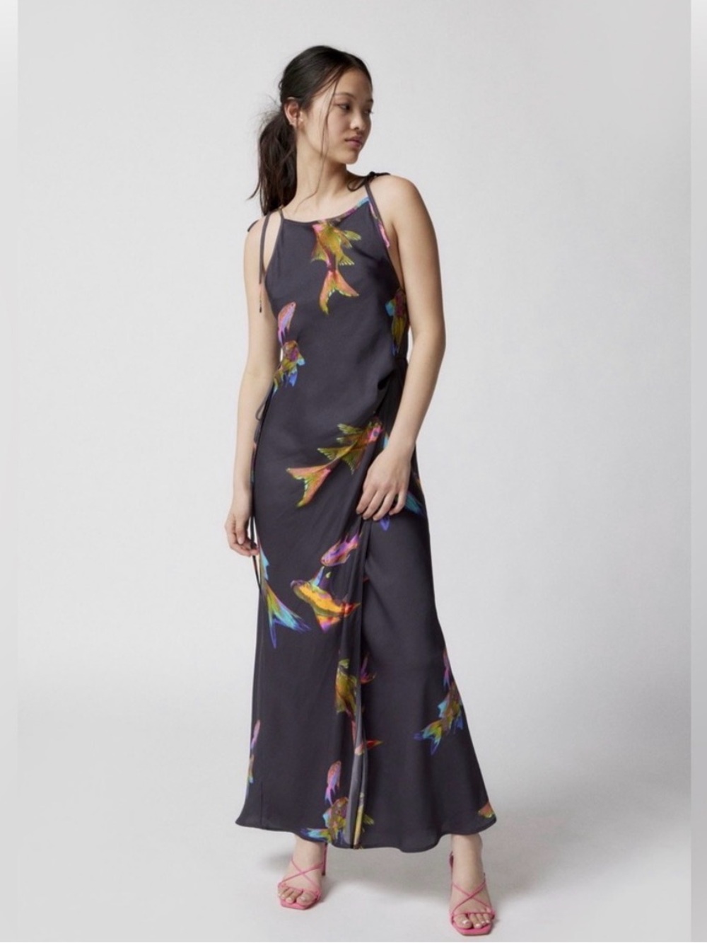 NWT! Urban Outfitters Black Multicolor Fish Slip Dress Size XS